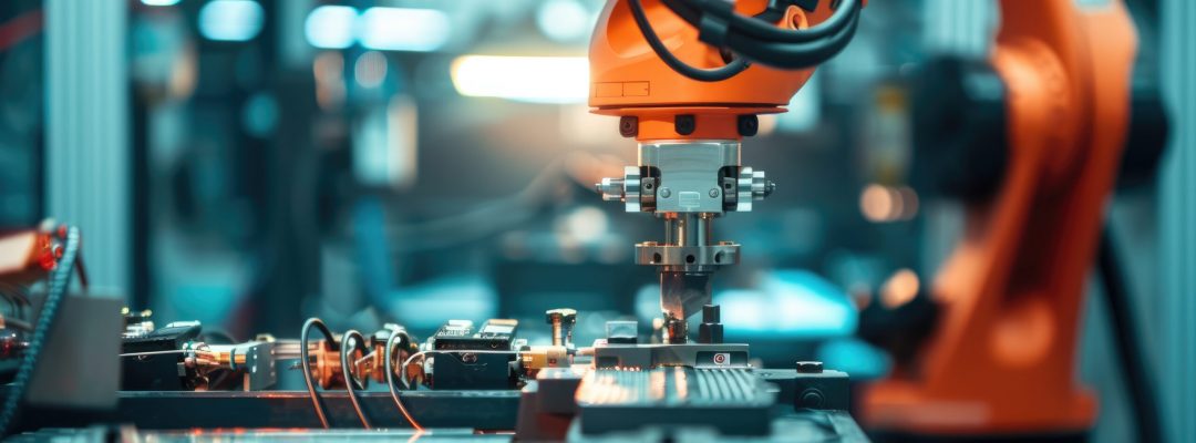 Close-up of a robotic arm being assembled, intricate servo motors and wiring visible