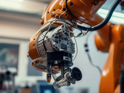 Close-up of a robotic arm being assembled, intricate servo motors and wiring visible